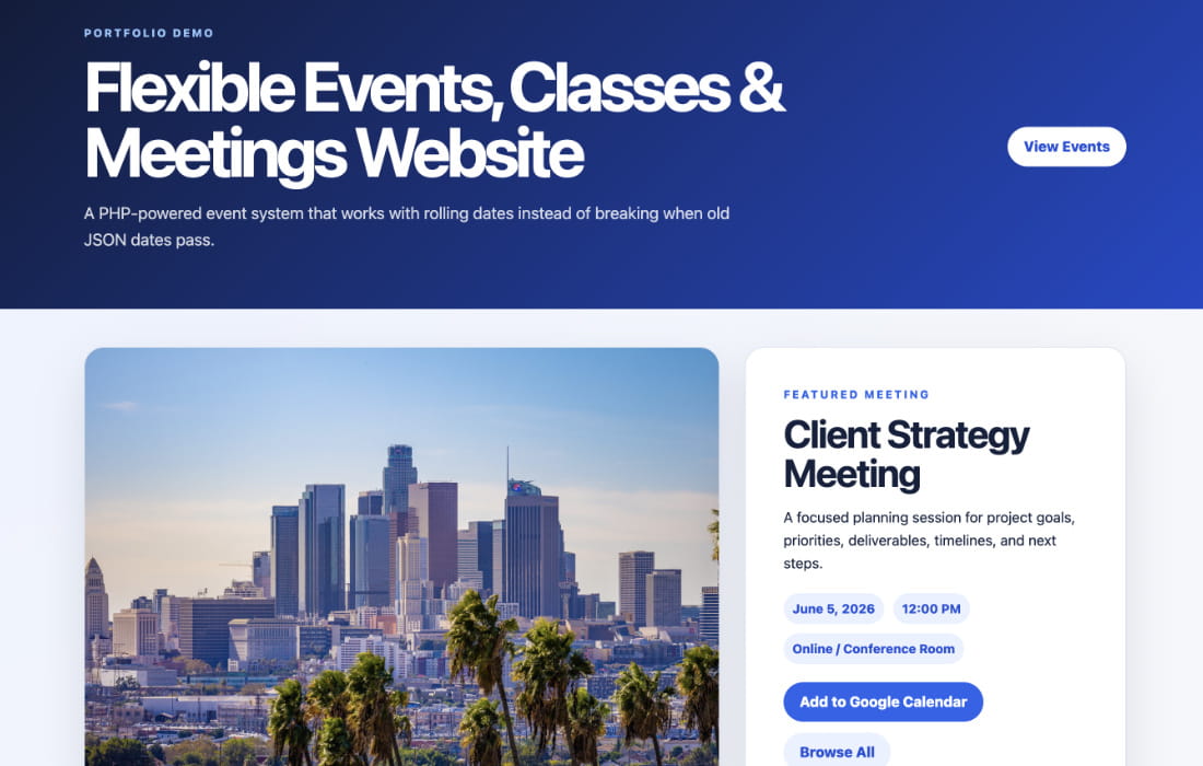 Flexible events, classes, and meetings website screenshot